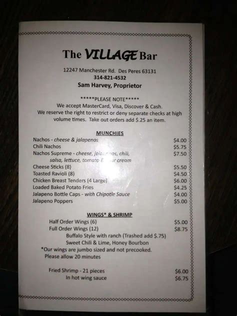 village bar des peres|The Village Bar menu .